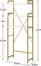 Over The Toilet Storage Rack with 3-Tier Shelves, Space Saver Toilet Shelf, Laundry Organizer with Hooks for Over Toilet Storage and Space Saver (White & Gold)
