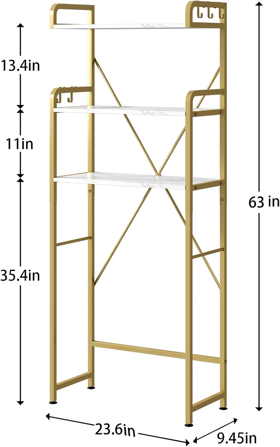 Over The Toilet Storage Rack with 3-Tier Shelves, Space Saver Toilet Shelf, Laundry Organizer with Hooks for Over Toilet Storage and Space Saver (White & Gold)