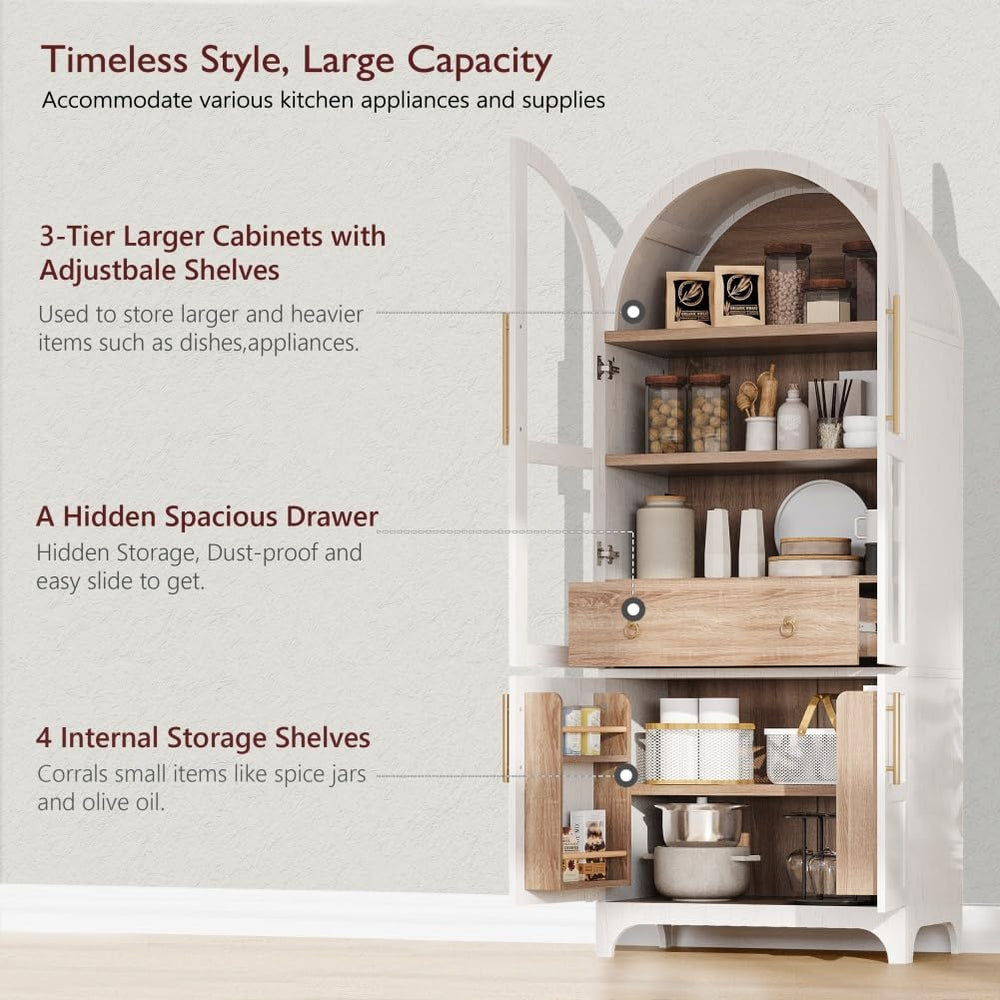 71" Tall Wooden Arched Storage Cabinet, Kitchen Pantry Cabinet with Hidd...