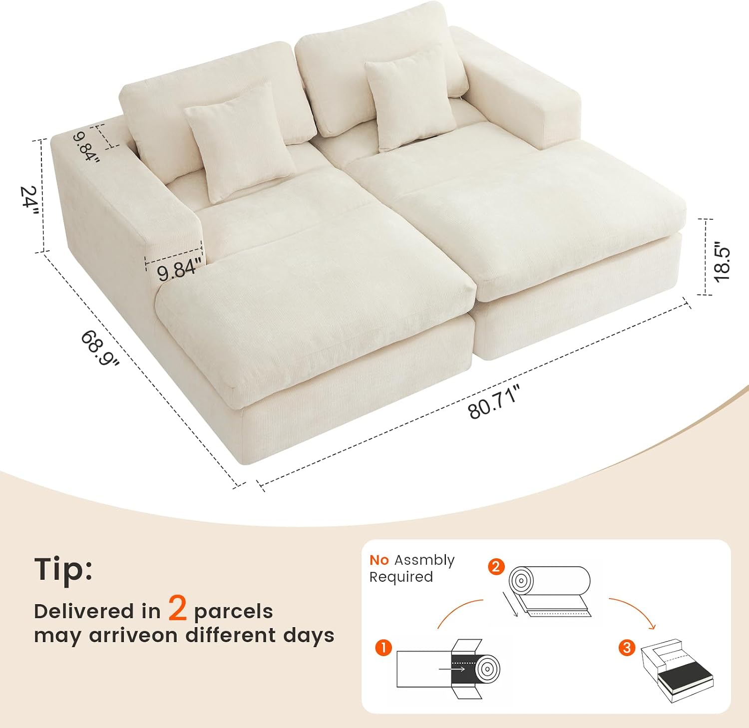 81" Oversized Double Chaise Lounge, Cloud Boneless Sofa Bed, Beige | 59" Deep Seat Couch, Modular Oversized Loveseat, Soft Cloud Sofa, 4 Pillows, 10" Wider Armrests, Chaise Lounge Chair Indoor