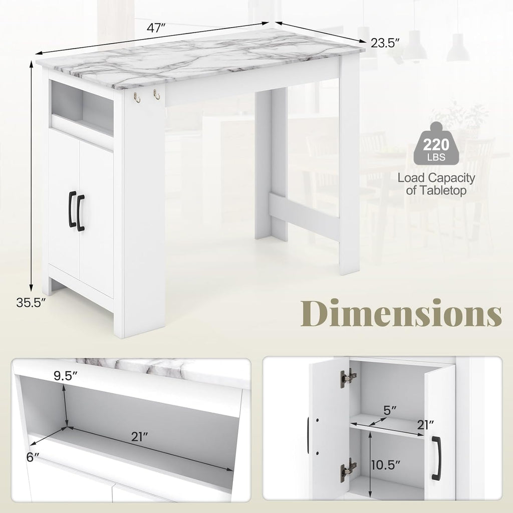 COSTWAY Bar Table, Modern Faux Marble Breakfast Table with 7 Hanging Hooks, Open Compartment, Storage Cabinet & Adjustable Shelf, Counter Height Dining Table for Kitchen, Dining Room, Living Room | 7 Hanging Hooks, Open Compartment, Storage Cabinet &