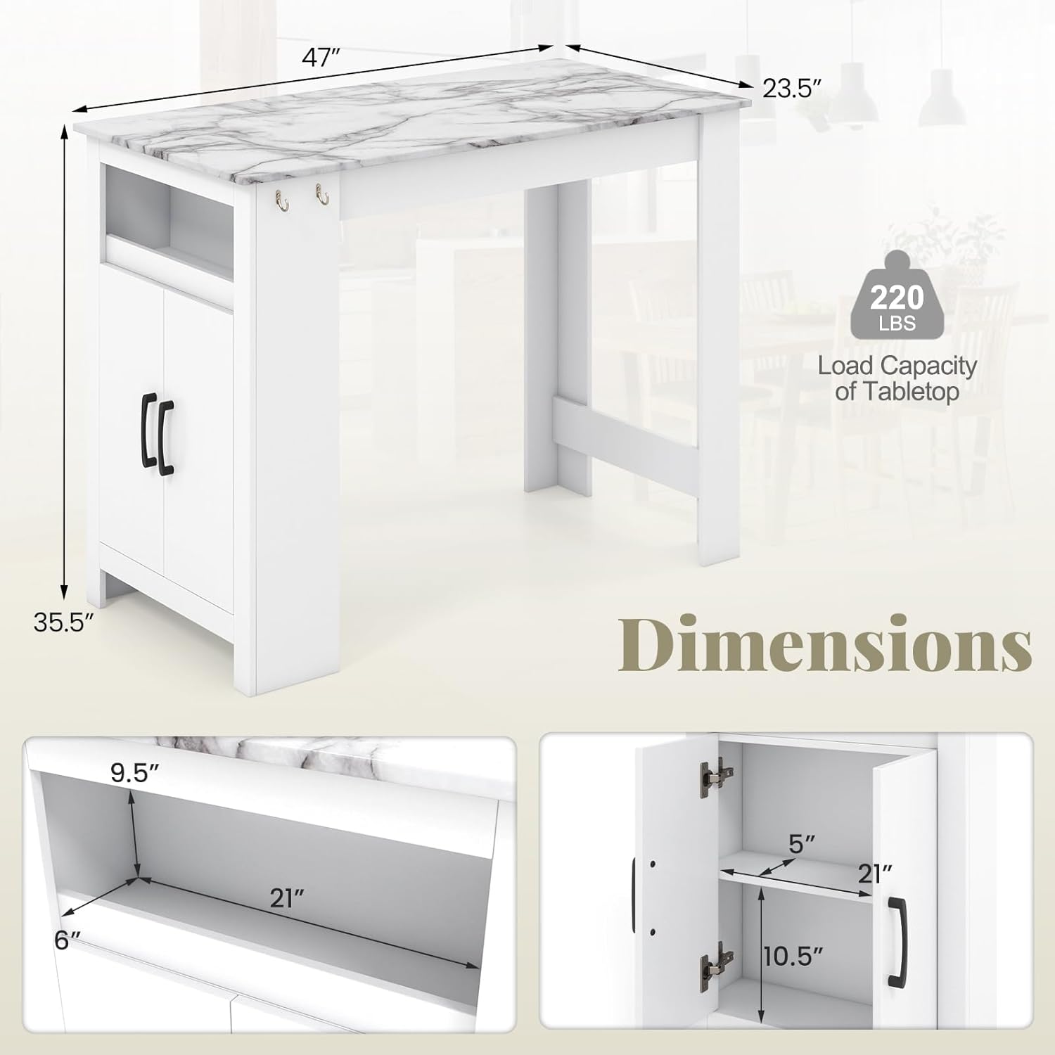 COSTWAY Bar Table, Modern Faux Marble Breakfast Table with 7 Hanging Hooks, Open Compartment, Storage Cabinet & Adjustable Shelf, Counter Height Dining Table for Kitchen, Dining Room, Living Room | 7 Hanging Hooks, Open Compartment, Storage Cabinet &