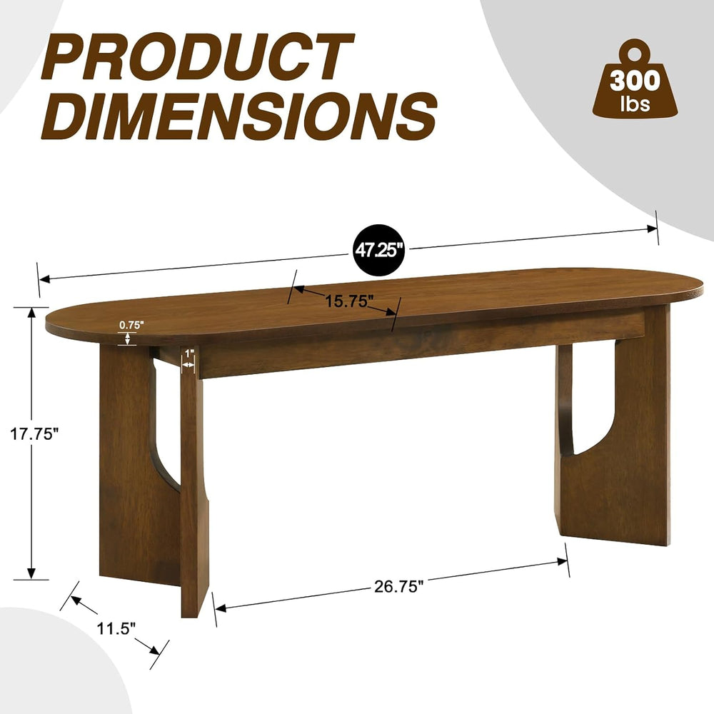 VESCASA 47.25" L Walnut Wood Oval Bench, Solid Wood Dining Bench with Wo...