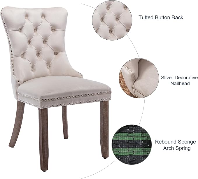 Velvet Dining Chairs Set of 2, Tufted Upholstered Dining Room Chairs with Back Ring Pull, Nailhead Trim and Solid Wood Legs, Modern Dining Chairs for Dining Room, Kitchen(Beige)