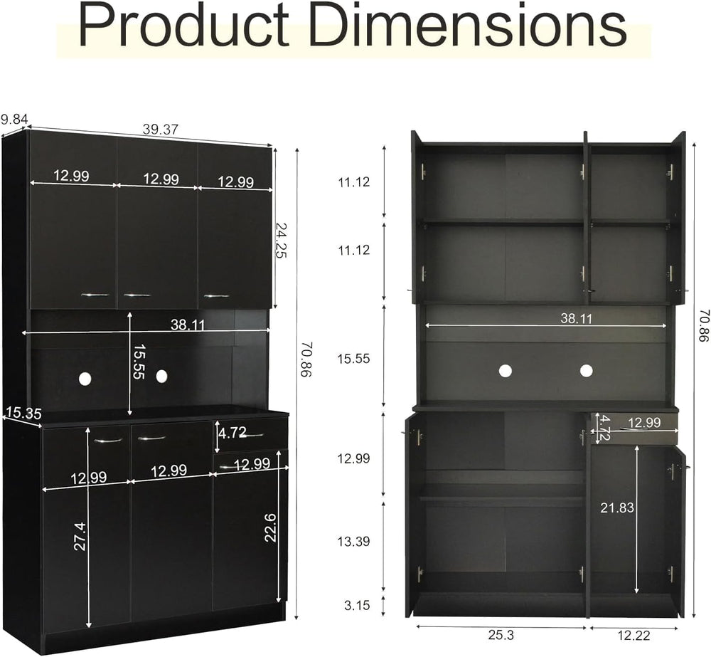 71" Black Kitchen Pantry Cabinets with Microwave Stand, 6 Doors & 3 ...