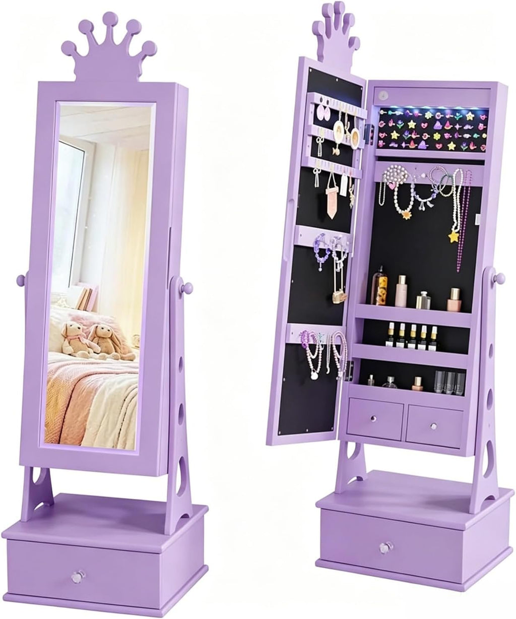 LED Kids Jewelry Armoire Cabinet with Full Length Mirror for Girls, Purple | 3 Color Touch Control Lighting,Anti-Tip Stable Structure,Lockable Cabinet, Freestanding Jewelry Organizer