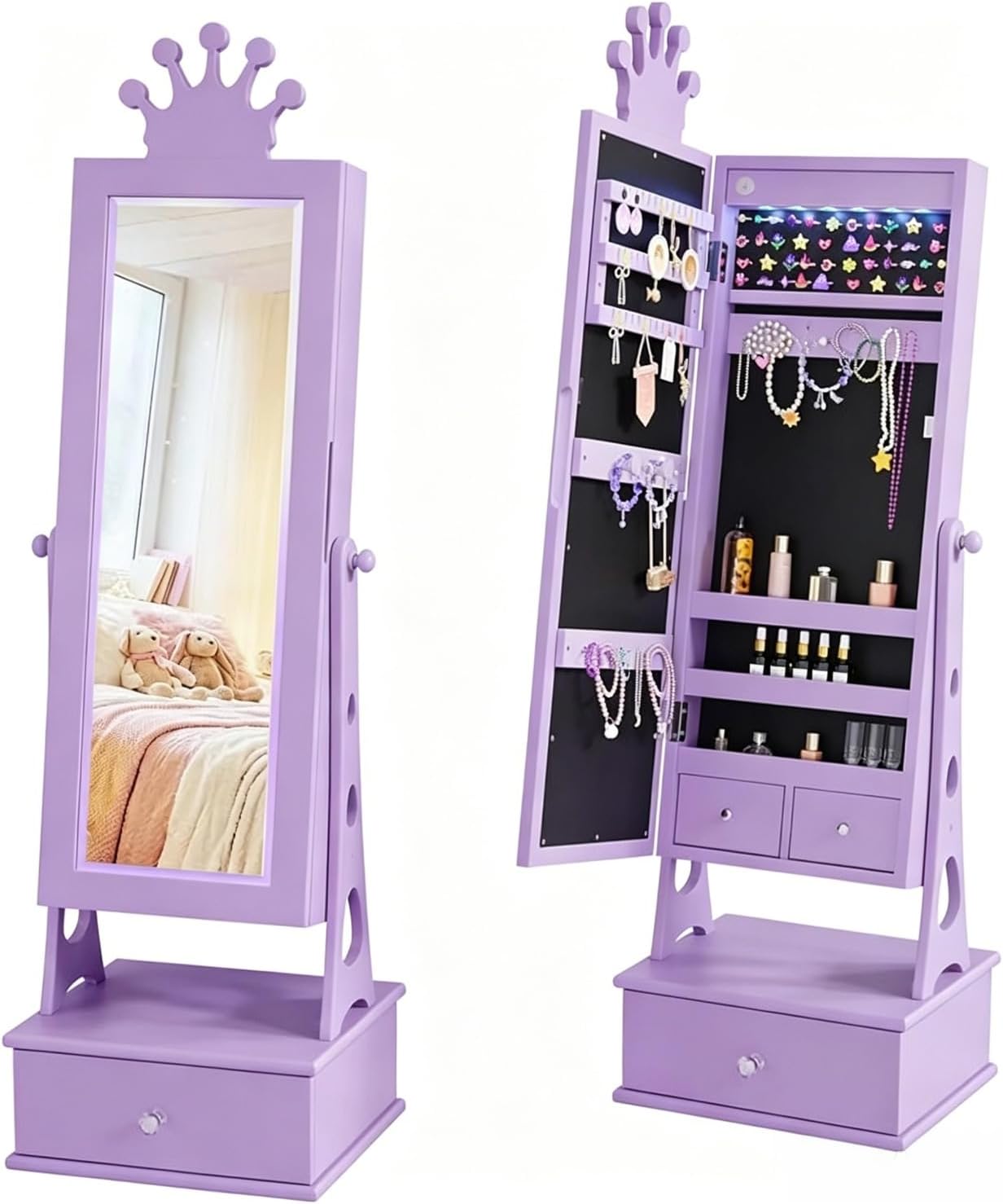 LED Kids Jewelry Armoire Cabinet with Full Length Mirror for Girls, Purple | 3 Color Touch Control Lighting,Anti-Tip Stable Structure,Lockable Cabinet, Freestanding Jewelry Organizer