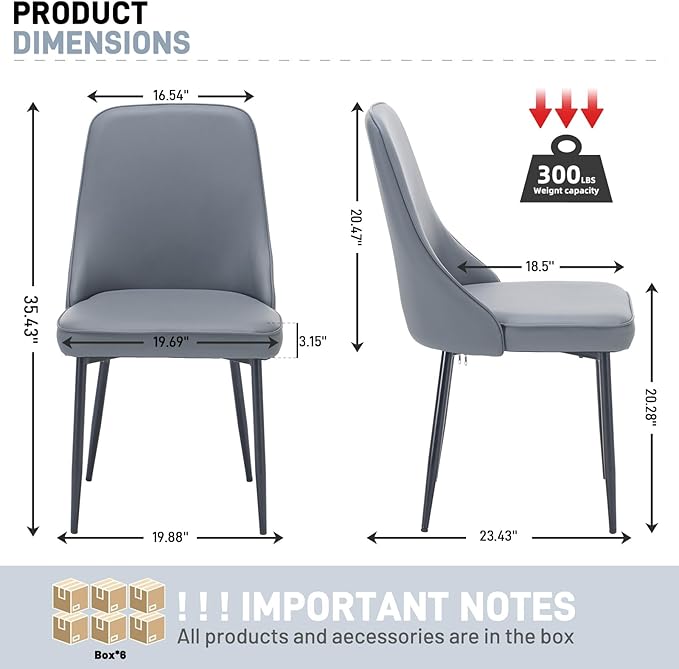 Modern Dining Chairs Set of 6, Faux Leather Upholstered Dining Room Chair Kitchen Chairs Dinner Side Chair with Curved Back and Metal Legs for Kitchen, Dining Room, Living Room, Grey