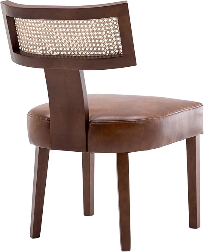 Modern Rattan Back Dining Chairs Set of 2 Rattan Kitchen Chairs PU Leather Upholstered Side Chairs, Modern Kitchen Armless Solid Wood Dining Chairs, Brown