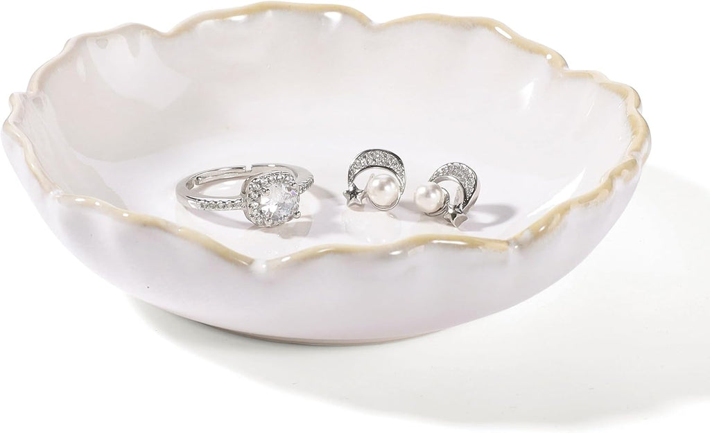 HOME SMILE Ring Jewelry Dish Pastel White Ruffled Ceramic|Trinket Tray for Earrings, Necklaces|Mothers Day Birthday Friendship Gifts for Women|Vanity Organizer & Bathroom Decor