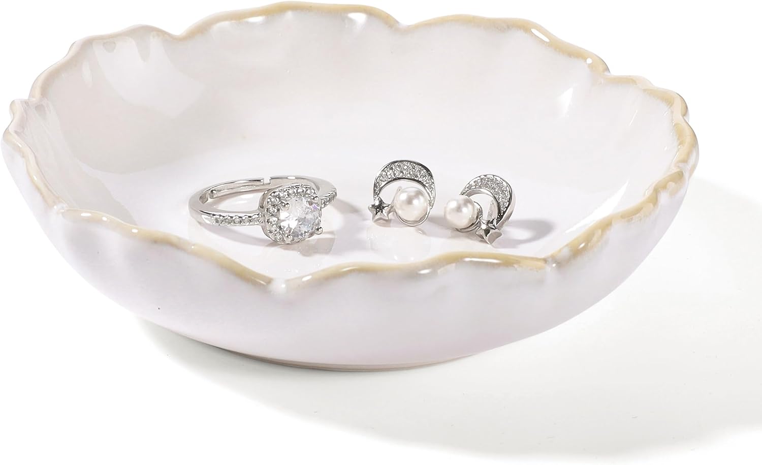 HOME SMILE Ring Jewelry Dish Pastel White Ruffled Ceramic|Trinket Tray for Earrings, Necklaces|Mothers Day Birthday Friendship Gifts for Women|Vanity Organizer & Bathroom Decor
