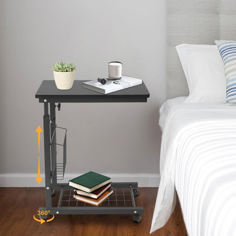 Adjustable Side Table, Modern Dual Shelves Rolling Side Table with 4 Brake Wh...