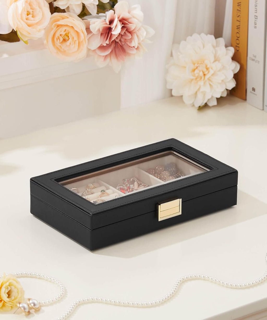 Homde Jewelry Tray Stackable Jewelry Box with Glass Lid, Removable Dividers for Vanity Table - Christmas Gift Idea for Girls and Women (Black)