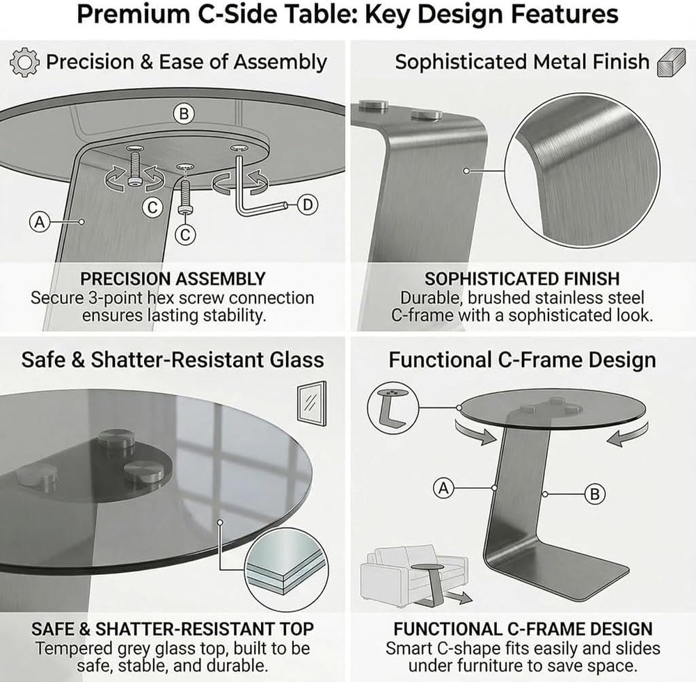 25.5-Inch High C-Shaped End Table with Tempered Glass Top & Black Metal F...