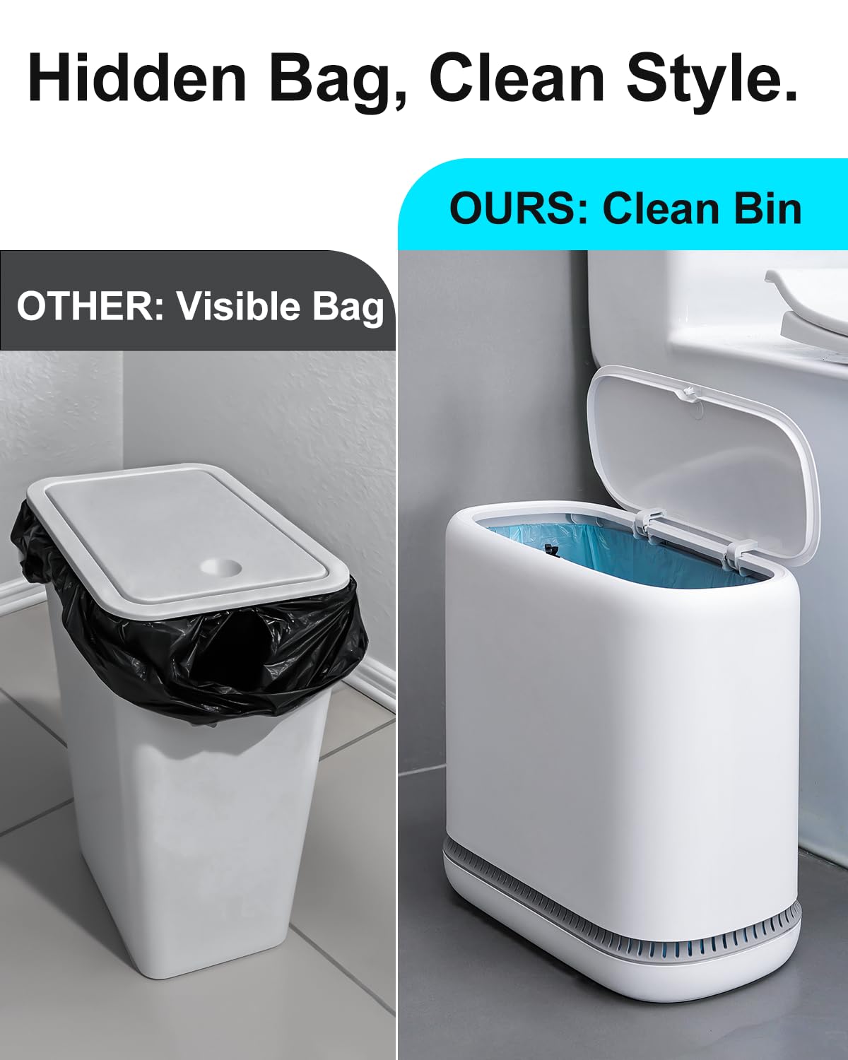 2.3 Gallon Slim Small Bathroom Trash Can with Lid, White Dog Proof Garbage Can with Air-Press Bag Expander & Removable Bucket, Narrow Bathroom Waste Basket for Bedroom, Office, Dorm
