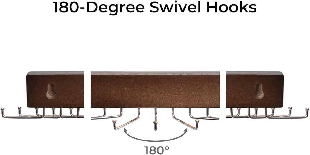 StorageWorks Tie Rack with 20 Hooks, 2-Pack Wall-Mounted Wooden Hangers for Neckties, Belts, Hats, Natural Walnut Color