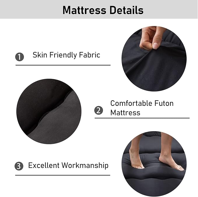 MAXYOYO Japanese Floor Mattress Futon Mattress, 4" Thicken Tatami Mat Sleeping Pad Foldable Roll Up Mat Boys Girls Dormitory Pad Kids Floor Lounger Pillow Bed, Charcoal Grey, Queen Size