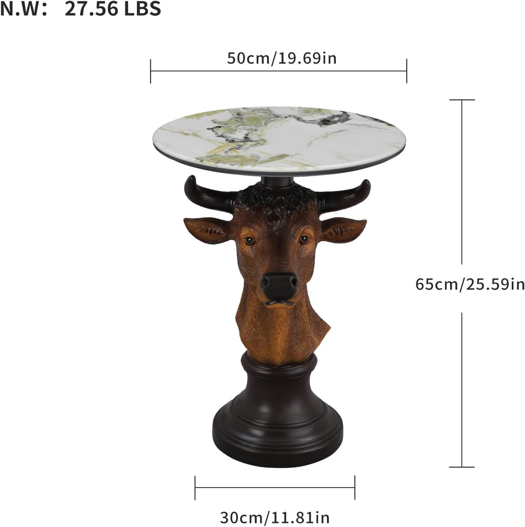 Bull Head Accent Side Table - End Table with Faux Marble Top Unique Cow Statue Decor for Living Room Bedroom Entryway Elegant Animal Sculpture Modern Classical Decoration, Brown