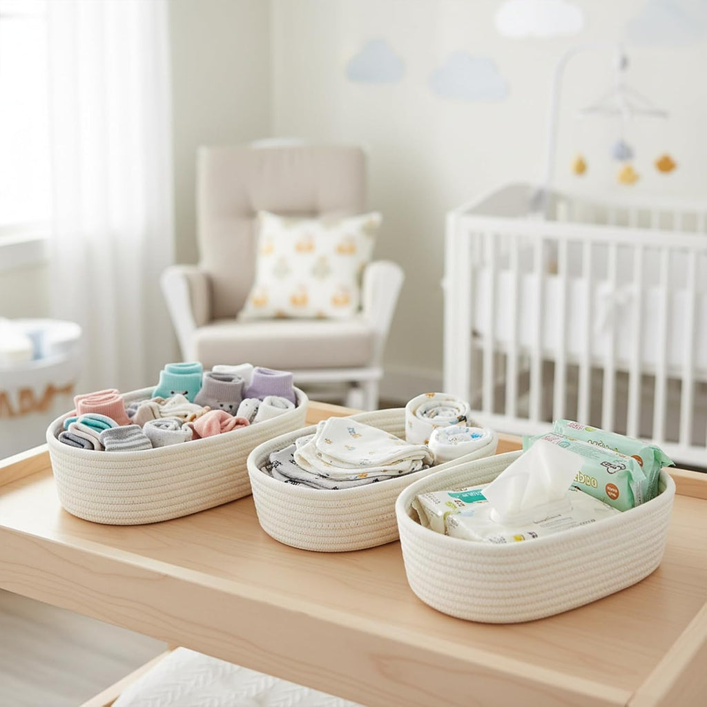 Cozary Storage Basket Set (Small Sizes) - Handmade Multifunctional Cotton Baskets, Organiser for Bathroom, Kitchen, Children's Room - Braided & Stackable, 3-Piece