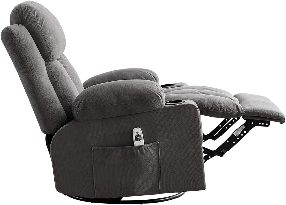 Swivel Rocker Recliner Chair with Vibration Massage & Lumbar Heating, Ergonomic Lounge Chair for Living Room, Rocking Function, Side Pocket, 2 Cup Holders, USB Charging Port