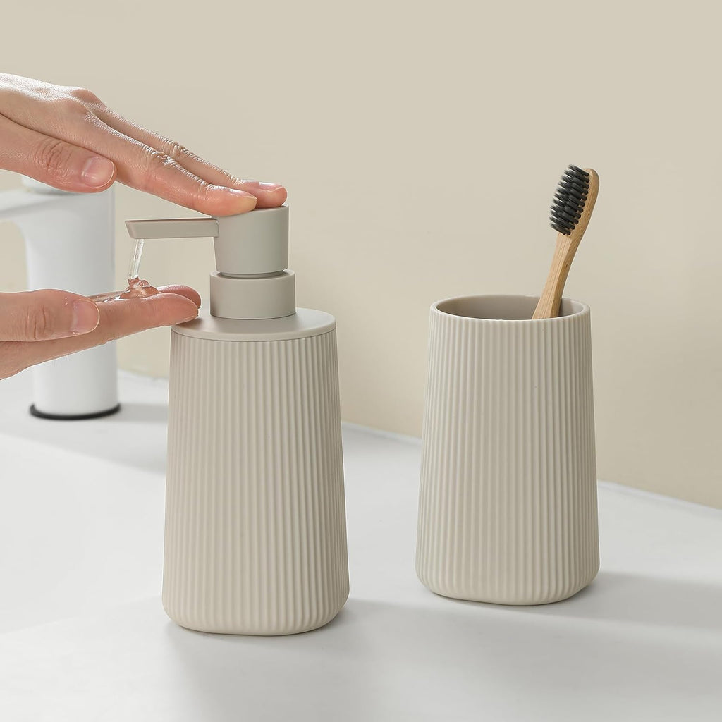 Bathroom Accessories 2 Piece Soap Dispenser and Toothbrush Holder Set Striped Beige