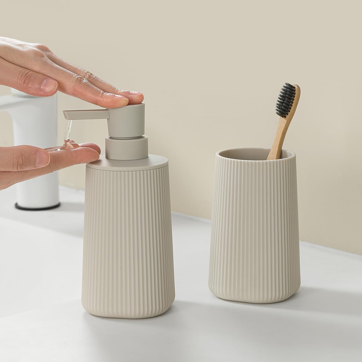 Bathroom Accessories 2 Piece Soap Dispenser and Toothbrush Holder Set Striped Beige