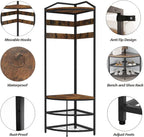 GiftGo Corner Hall Tree with Shoe Bench Entryway Coat Rack with 10 Metal Movable Hooks Floor Standing Clothes Rack Shoes Shelf Organizer for Home Office Bedroom (Rustic Brown)