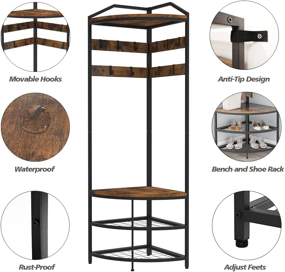 GiftGo Corner Hall Tree with Shoe Bench Entryway Coat Rack with 10 Metal Movable Hooks Floor Standing Clothes Rack Shoes Shelf Organizer for Home Office Bedroom (Rustic Brown)