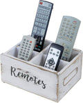 MyGift Wood Remote Control Holder Organizer with 4 Compartments, Media Remote Caddy Storage with Cursive REMOTES Design, Whitewashed