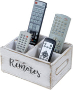 MyGift Wood Remote Control Holder Organizer with 4 Compartments, Media Remote Caddy Storage with Cursive REMOTES Design, Whitewashed