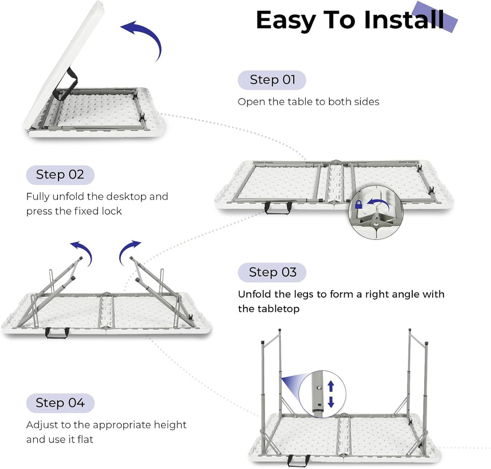 Folding Table 4 Foot,Portable Heavy Duty Plastic Utility Table,White | Adjust...