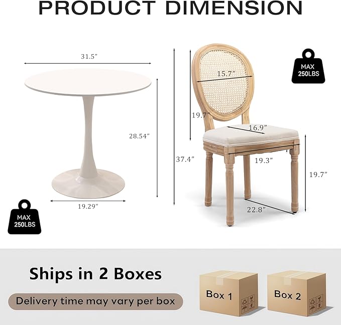 3-Piece 31.5" Round Dining Table Set for 2 with Upholstered Chairs – Space-Saving Modern Small Kitchen Cafe Bistro Set(Round Beige Linen Chair)