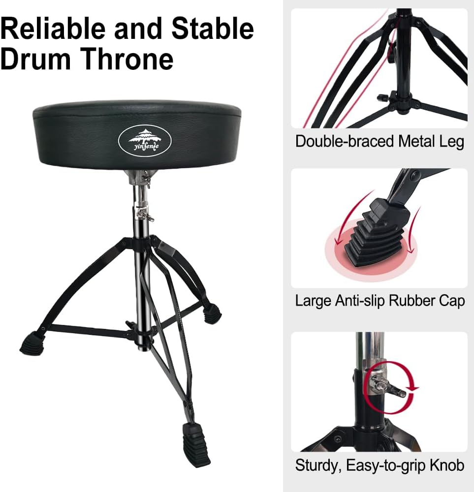 Drum Throne Seat Adjustable-Height with Padded Seat Double-Braced Legs Non-Sl...