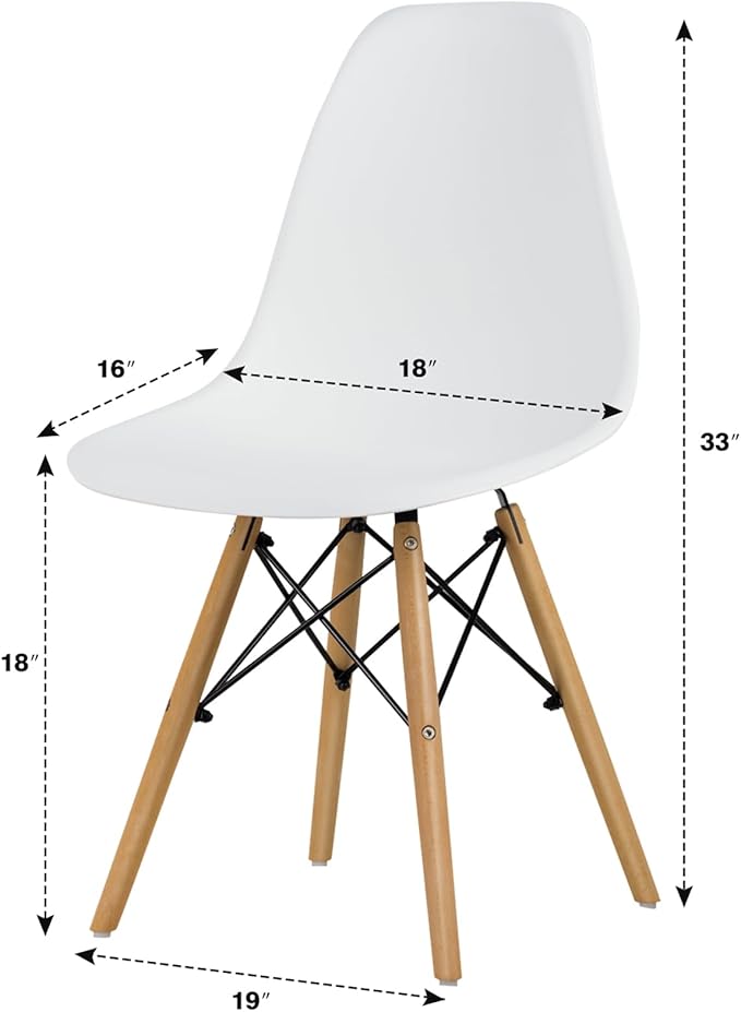 COSTWAY Dinning Chair Set of 4, Mid Century Modern Eiffel DSW Style Shell Molded Plastic Chair for Kitchen, Dining, Living Room, Bedroom, Lounge Side Chairs with Wood legs, White