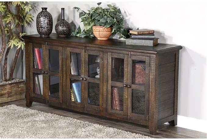 Pemberly Row 70" Dark Wood TV Stand Media Console Cabinet, Rustic Entertainment Center, for TVs up to 80" in Tobacco Leaf