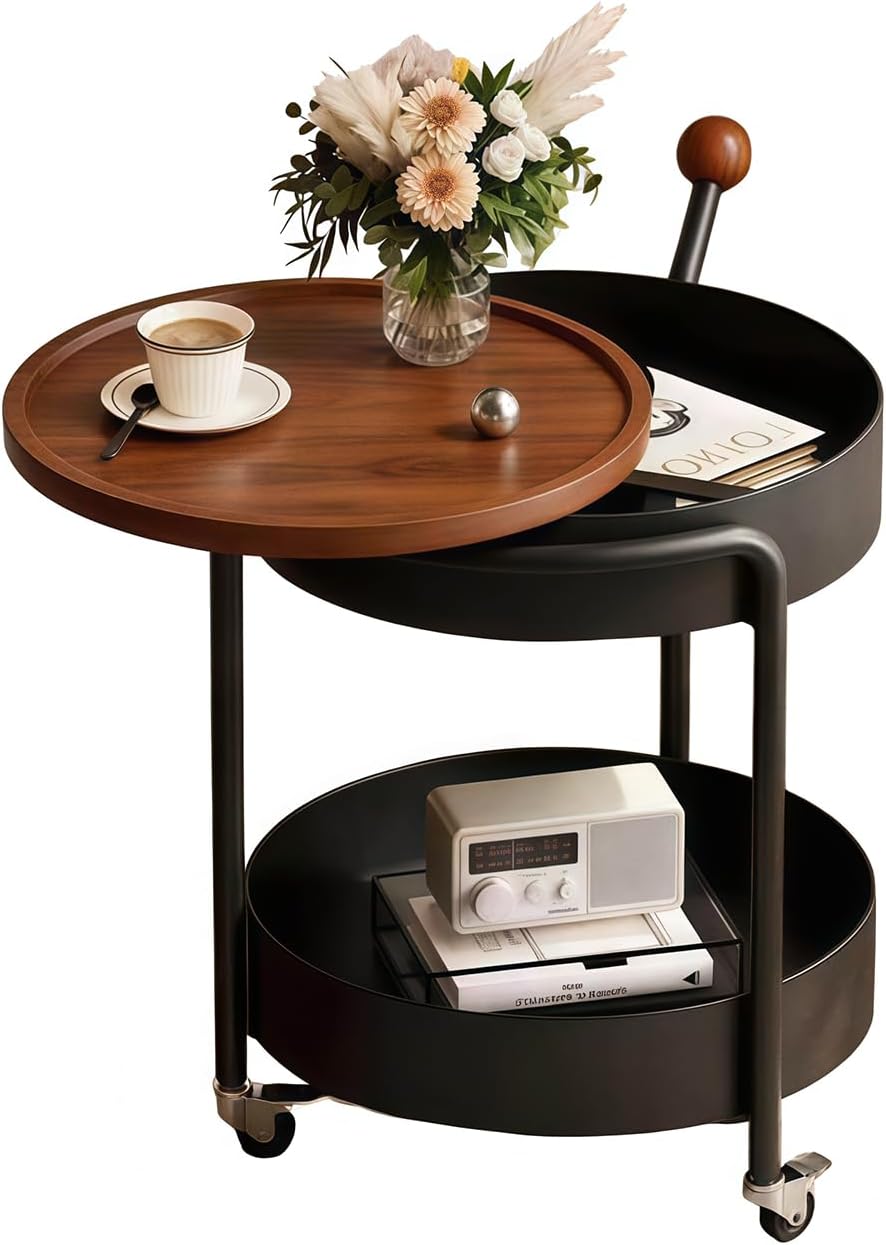 Mid-Century Modern Round Side Table, 2-Tier Mobile Sofa End Table with Rotata...