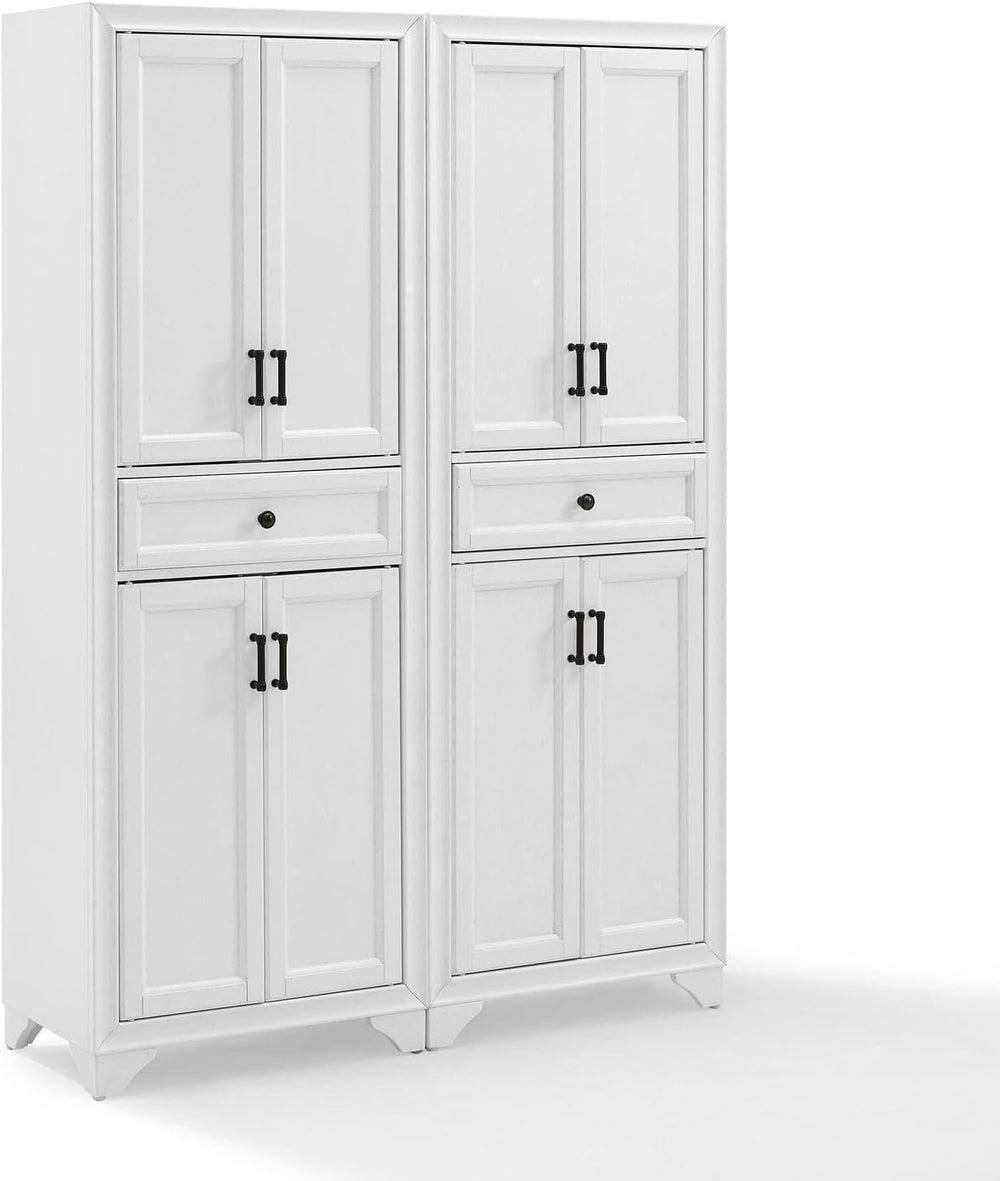 HomeStock 2-Piece Pantry Set - Distressed White Storage Cabinets - Adjustable...