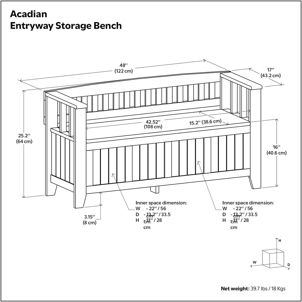 SIMPLIHOME Acadian Solid Wood 48 inch Wide Storage Bench that Seats 2 and 36 ...