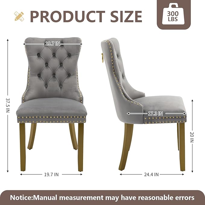 Velvet Dining Chairs Set of 6, Kitchen & Dining Room Chairs, Upholstered Dining Chairs with Back Ring Pull and Golden Solid Wood Legs, Modern Tufted Kitchen Chairs for Dining Room, Light Grey