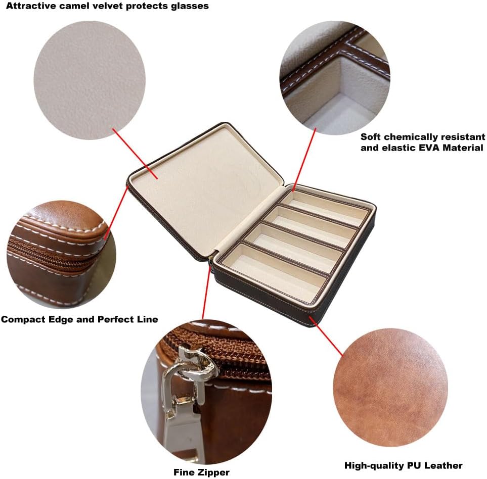 4 Slots PU Leather Eyeglasses Storage Box Sunglasses Box Jewelry Display Case Watch Box for Women Men(4GL-Coffee brown)