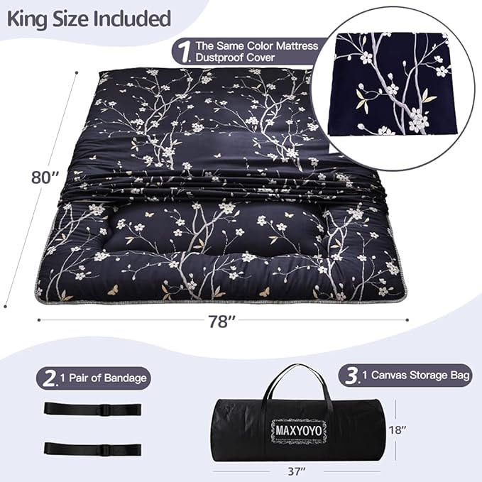 MAXYOYO Japanese Floor Mattress Futon Mattress, 4" Thicken Tatami Mat Sleeping Pad Foldable Roll Up Mat Boys Girls Dormitory Pad Kids Floor Lounger Pillow Bed, Charcoal Grey, Queen Size