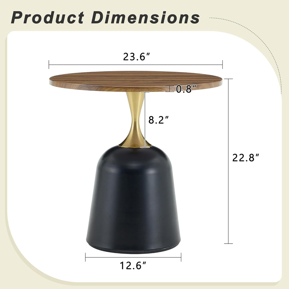 Round Side Table with Walnut Wood Grain Top, Black Metal Base with Gold Accen...