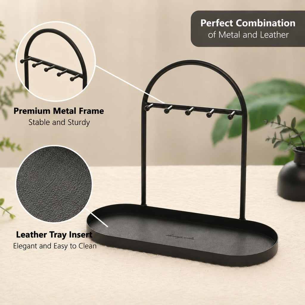 Shinpuru Key Holder Tray, Metal Stand with Leather Tray, 5 Hooks(Black) | Keys and Jewelry Organizer
