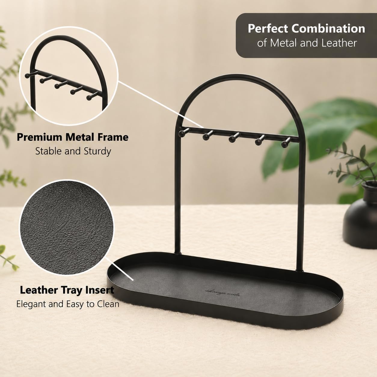 Shinpuru Key Holder Tray, Metal Stand with Leather Tray, 5 Hooks(Black) | Keys and Jewelry Organizer