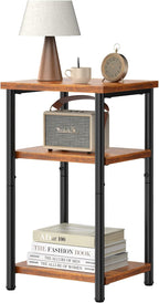 OLIXIS 3-Tier Small Side Table for Small Spaces, Bedroom Nightstand | 23'' Tall Bedside Table with Open Shelf and Adjustable Feet for Living Room, Bedroom, Office, Dorm, Walnut Brown