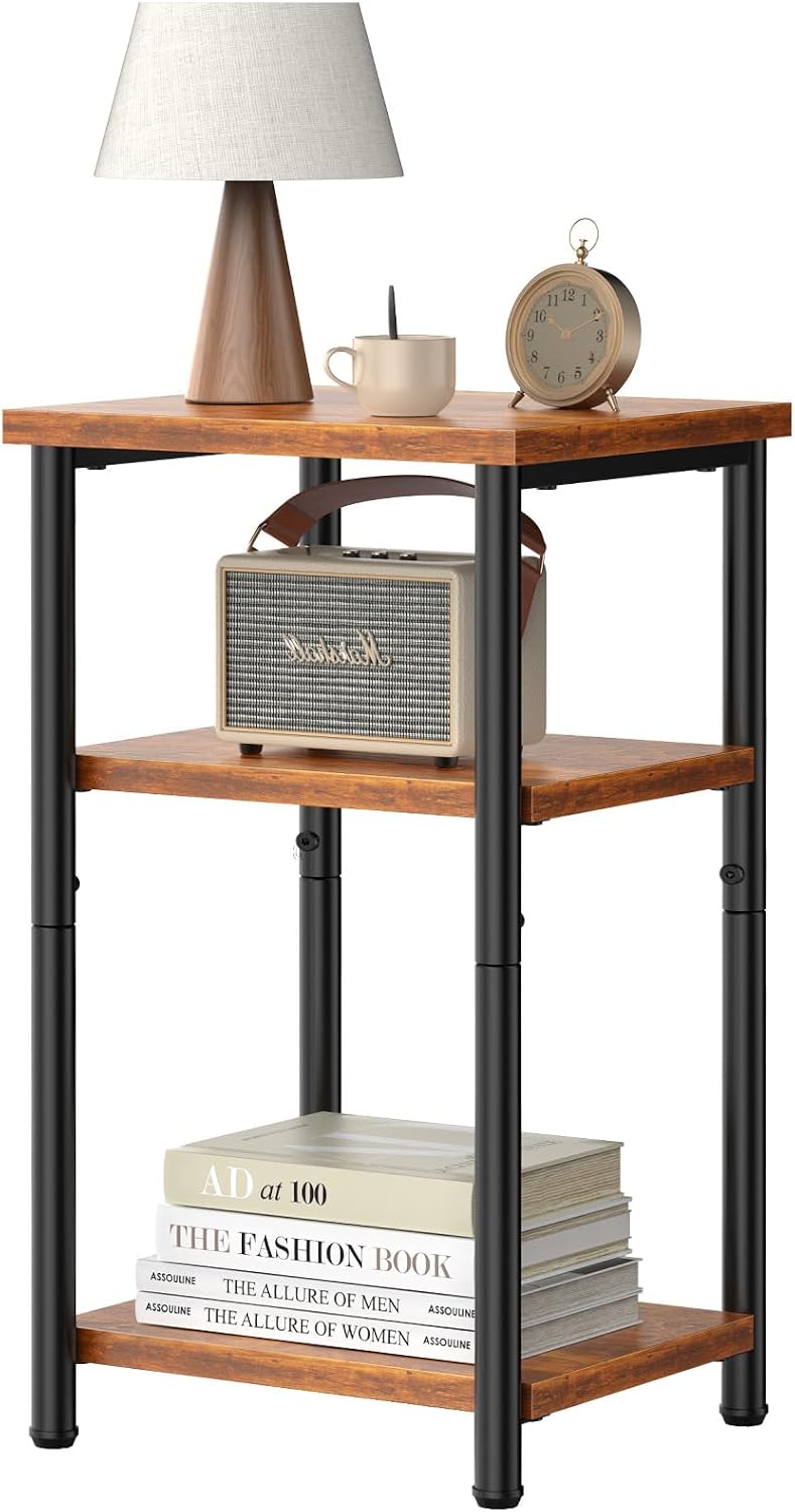 OLIXIS 3-Tier Small Side Table for Small Spaces, Bedroom Nightstand | 23'' Tall Bedside Table with Open Shelf and Adjustable Feet for Living Room, Bedroom, Office, Dorm, Walnut Brown