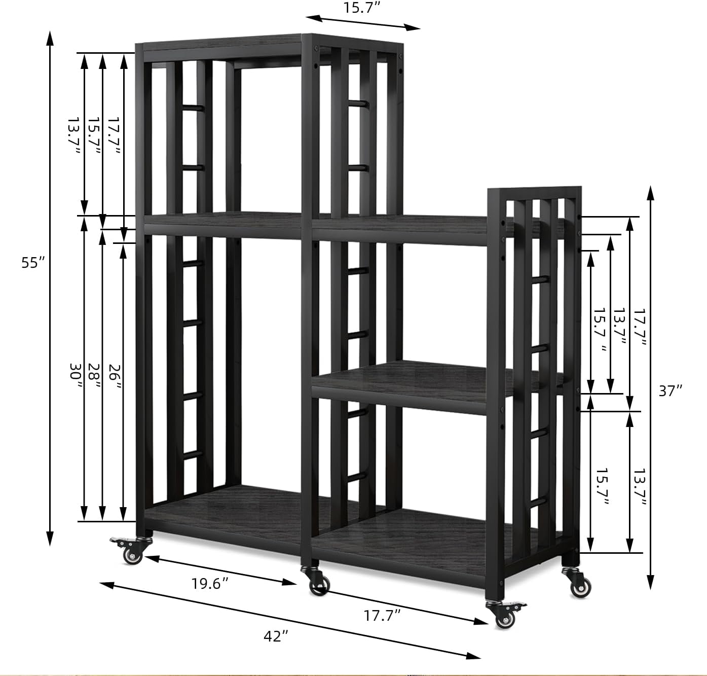 6-Tier Kitchen Bakers Rack, Multifunctional Storage Shelf, Mini Fridge & Microwave Oven Stand Table, Coffee Bar, Adjustable Kitchen Shelves Freestadning (Charcoal Black Wood Grain Print with wheels)