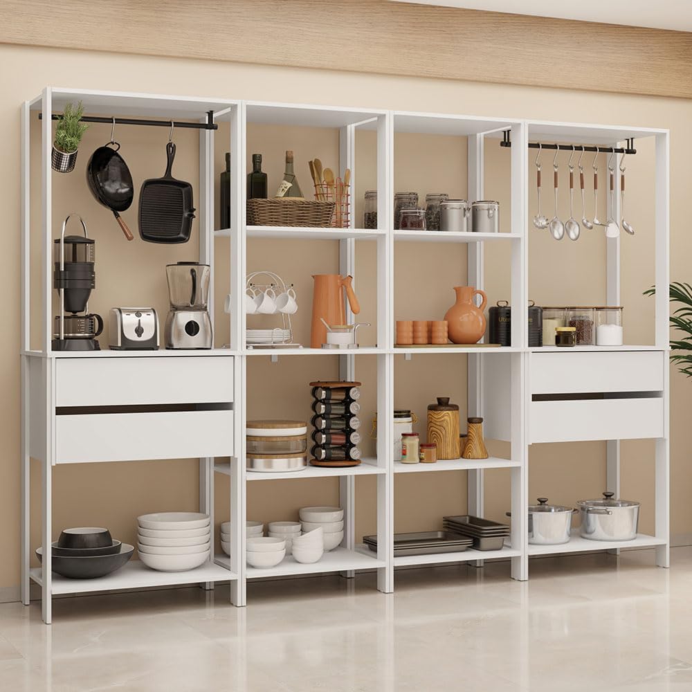 Madesa Kitchen Pantry Storage Rack with 4 Drawers, Open Shelves and Hanging S...