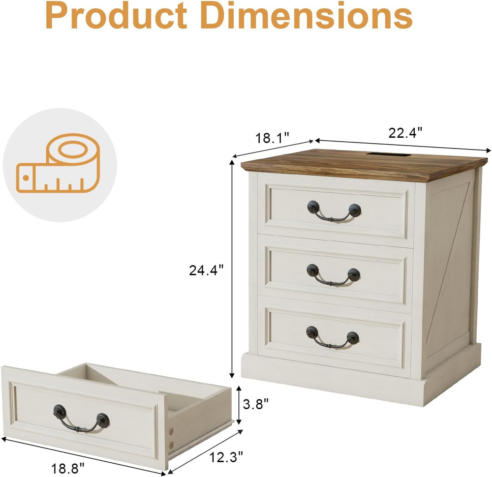 MUUEGM Night Stand with Charging Station Set of 2 Rustic White Bedside End Ta...
