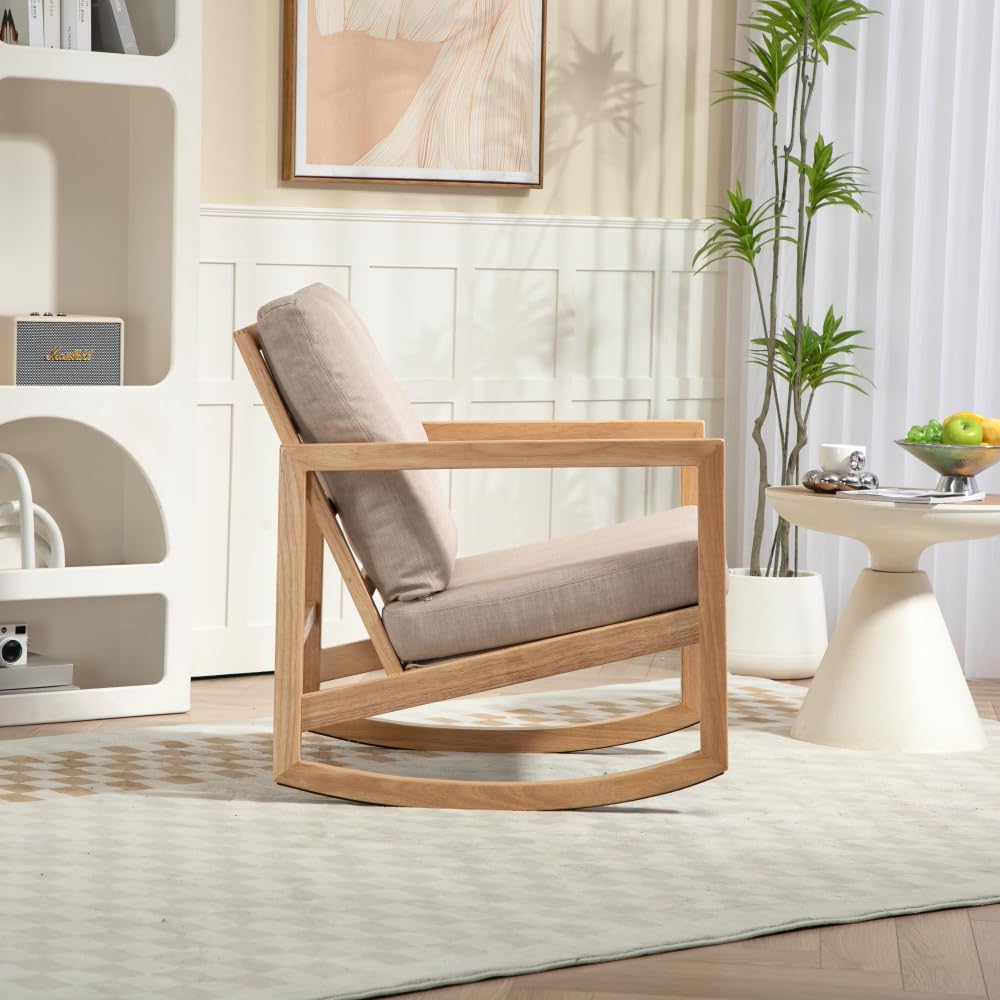 Upholstered Accent Glider Chair,Rubberwood Frame in Natural, Khaki
